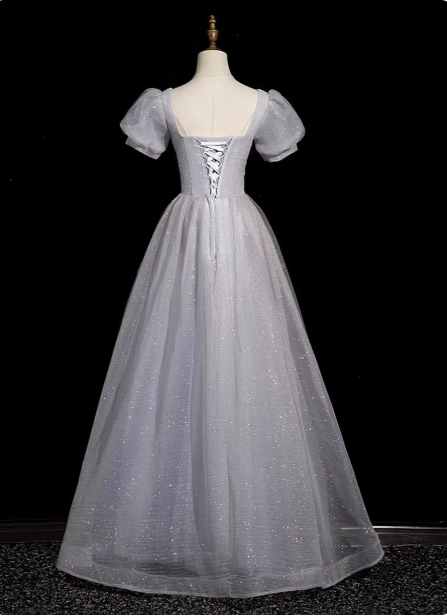 Dreamy Light Purple A-Line Square Neck Short Sleeve Tulle Long Prom Dresses Evening Dresses Secondary image