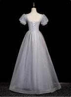 Dreamy Light Purple A-Line Square Neck Short Sleeve Tulle Long Prom Dresses Evening Dresses