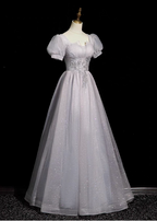 Dreamy Light Purple A-Line Square Neck Short Sleeve Tulle Long Prom Dresses Evening Dresses