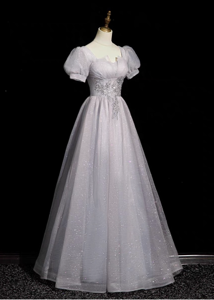Dreamy Light Purple A-Line Square Neck Short Sleeve Tulle Long Prom Dresses Evening Dresses