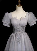 Dreamy Light Purple A-Line Square Neck Short Sleeve Tulle Long Prom Dresses Evening Dresses