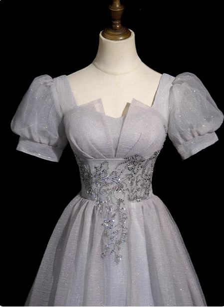 Dreamy Light Purple A-Line Square Neck Short Sleeve Tulle Long Prom Dresses Evening Dresses