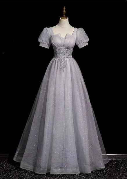 Dreamy Light Purple A-Line Square Neck Short Sleeve Tulle Long Prom Dresses Evening Dresses Main image