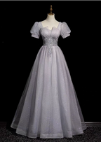 Dreamy Light Purple A-Line Square Neck Short Sleeve Tulle Long Prom Dresses Evening Dresses