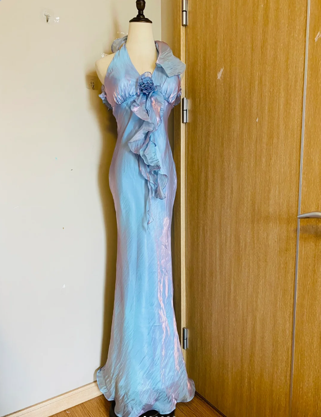 Dreamy Mermaid 3D Floral Ruffle Halter Neck Satin Long Prom Dresses Evening Dresses Secondary image