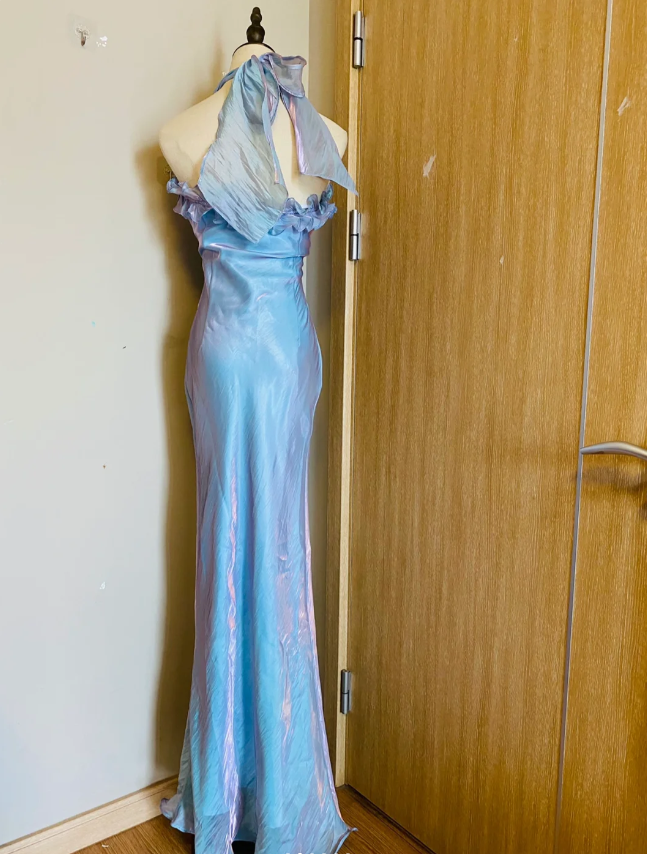 Dreamy Mermaid 3D Floral Ruffle Halter Neck Satin Long Prom Dresses Evening Dresses