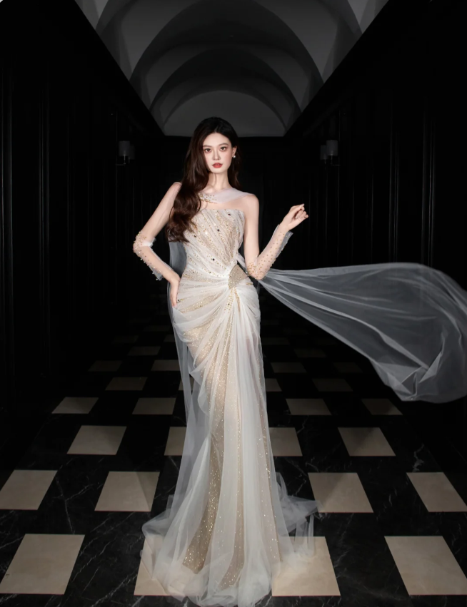 Dreamy Mermaid Strapless High-Slit Rhinestone Tulle Long Prom Dresses Evening Dresses