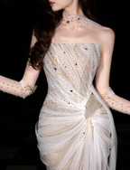 Dreamy Mermaid Strapless High-Slit Rhinestone Tulle Long Prom Dresses Evening Dresses