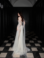 Dreamy Mermaid Strapless High-Slit Rhinestone Tulle Long Prom Dresses Evening Dresses
