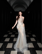 Dreamy Mermaid Strapless High-Slit Rhinestone Tulle Long Prom Dresses Evening Dresses