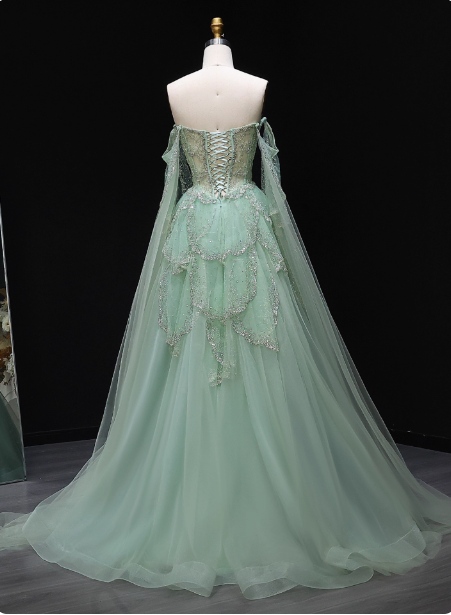 Dreamy Mint Green Off-The-Shoulder Sequin Layered Tulle Train Prom Dresses Evening Dresses Secondary image