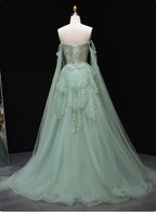 Dreamy Mint Green Off-The-Shoulder Sequin Layered Tulle Train Prom Dresses Evening Dresses