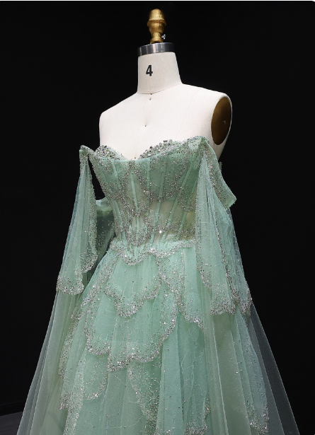 Dreamy Mint Green Off-The-Shoulder Sequin Layered Tulle Train Prom Dresses Evening Dresses