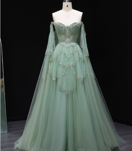 Dreamy Mint Green Off-The-Shoulder Sequin Layered Tulle Train Prom Dresses Evening Dresses Main image