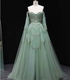 Dreamy Mint Green Off-The-Shoulder Sequin Layered Tulle Train Prom Dresses Evening Dresses