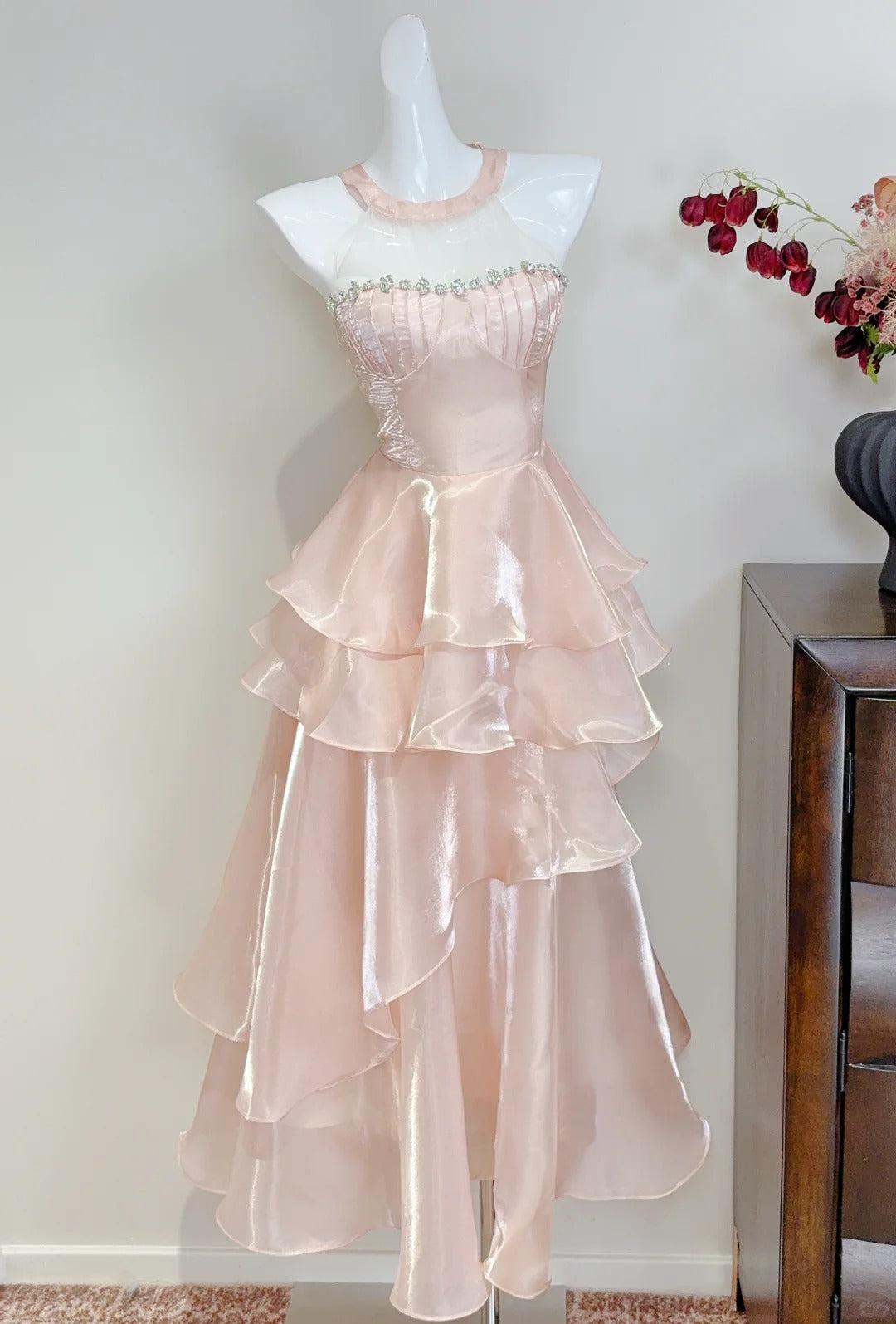 Dreamy Pink A-Line Halter Neck Ruffled Satin Prom Dresses Evening Dresses Bridesmaid Dresses