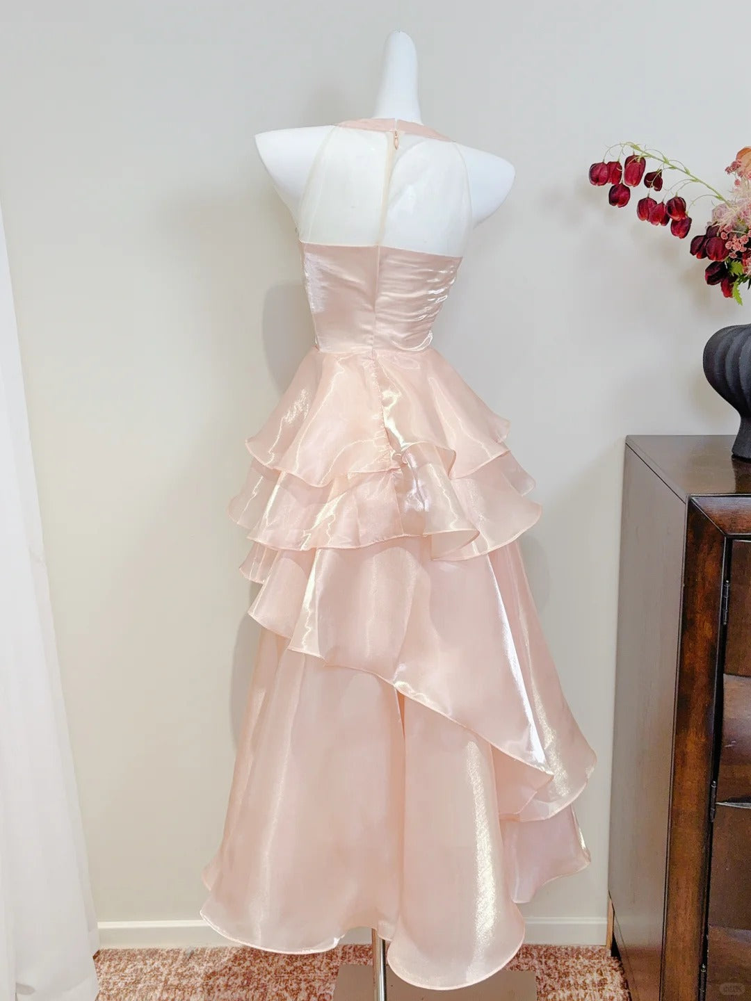 Dreamy Pink A-Line Halter Neck Ruffled Satin Prom Dresses Evening Dresses Bridesmaid Dresses