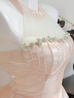 Dreamy Pink A-Line Halter Neck Ruffled Satin Prom Dresses Evening Dresses Bridesmaid Dresses