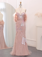 Dreamy Pink Mermaid Spaghetti Strap Open Back Beaded Sequin Tulle Long Prom Dresses Evening Dresses