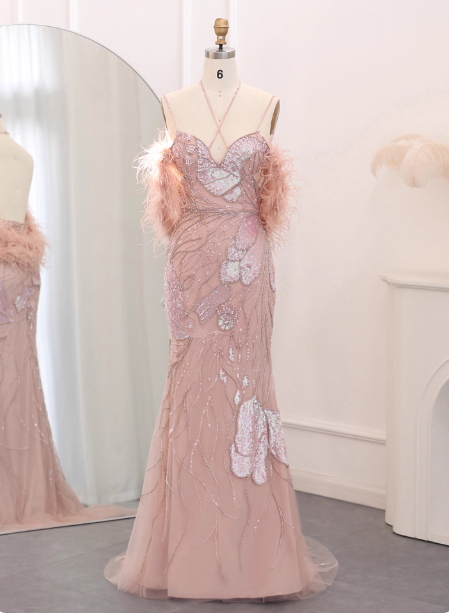 Dreamy Pink Mermaid Spaghetti Strap Open Back Beaded Sequin Tulle Long Prom Dresses Evening Dresses
