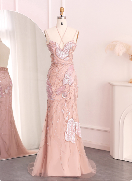 Dreamy Pink Mermaid Spaghetti Strap Open Back Beaded Sequin Tulle Long Prom Dresses Evening Dresses
