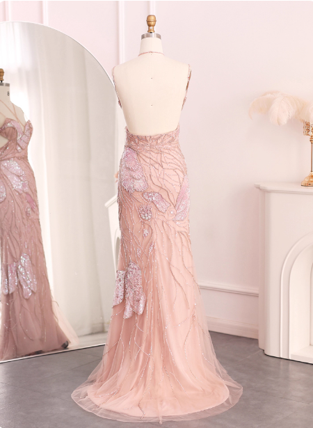 Dreamy Pink Mermaid Spaghetti Strap Open Back Beaded Sequin Tulle Long Prom Dresses Evening Dresses