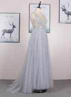 Dreamy Princess A-Line V-Neck Train Sequin Tulle Prom Dresses Evening Dresses
