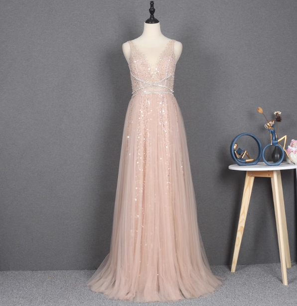Dreamy Princess A-Line V-Neck Train Sequin Tulle Prom Dresses Evening Dresses
