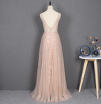 Dreamy Princess A-Line V-Neck Train Sequin Tulle Prom Dresses Evening Dresses