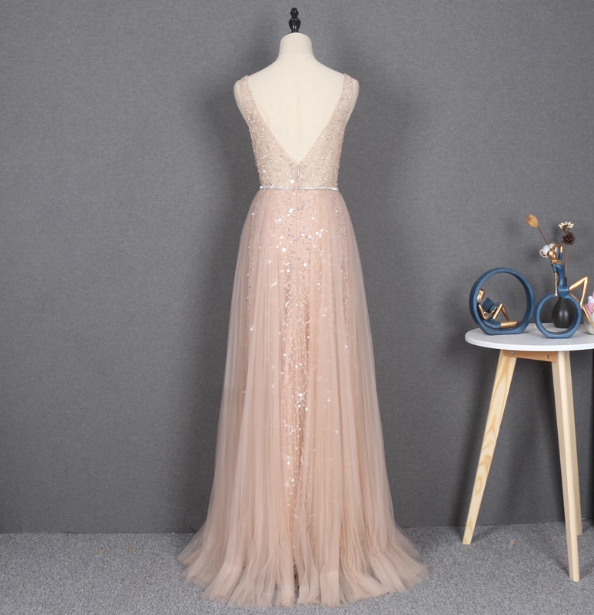Dreamy Princess A-Line V-Neck Train Sequin Tulle Prom Dresses Evening Dresses