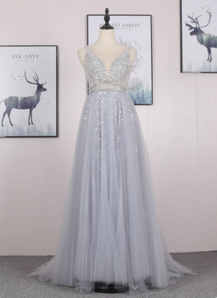 Dreamy Princess A-Line V-Neck Train Sequin Tulle Prom Dresses Evening Dresses Main image