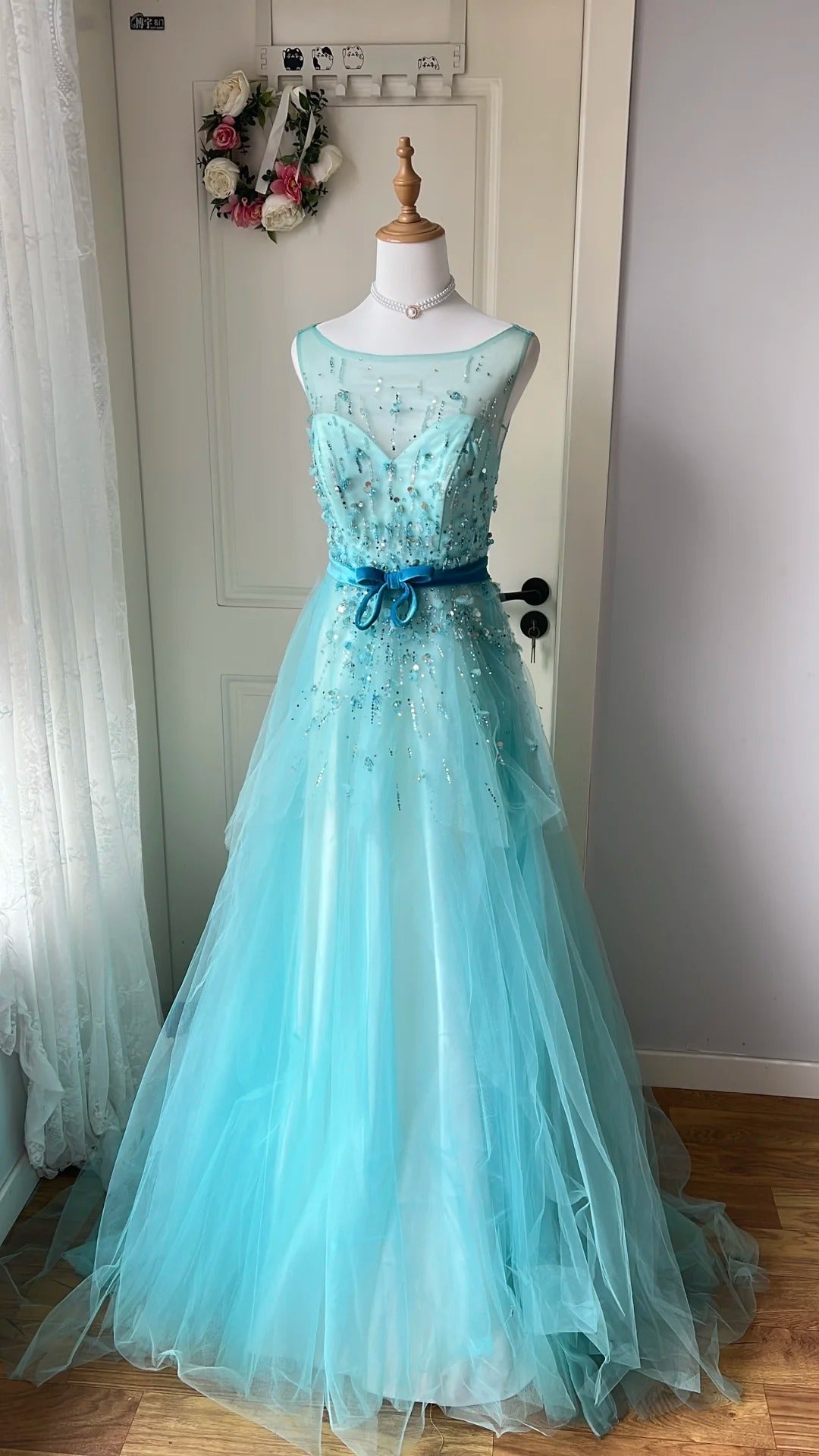 Dreamy Princess Blue A-Line Round Neck Sequined Tulle Long Prom Dresses Evening Dresses