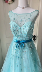Dreamy Princess Blue A-Line Round Neck Sequined Tulle Long Prom Dresses Evening Dresses