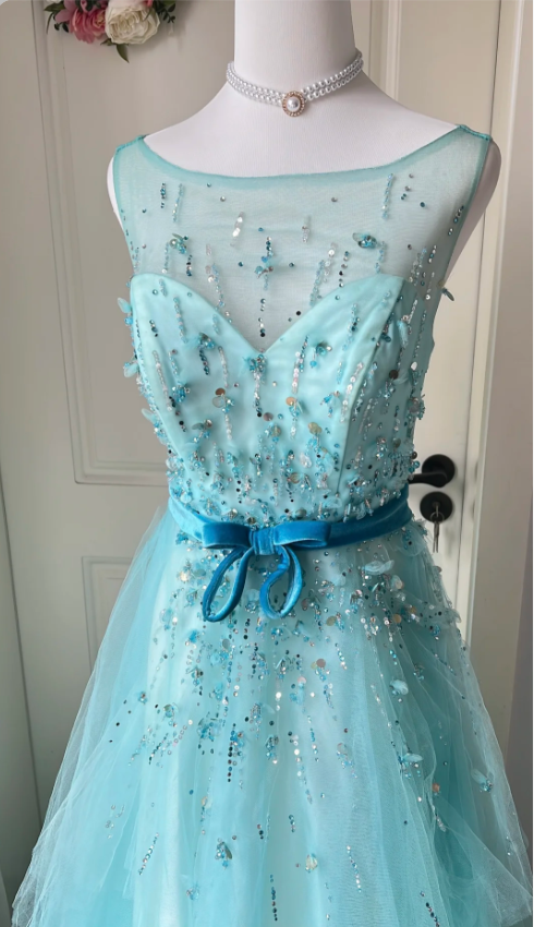 Dreamy Princess Blue A-Line Round Neck Sequined Tulle Long Prom Dresses Evening Dresses