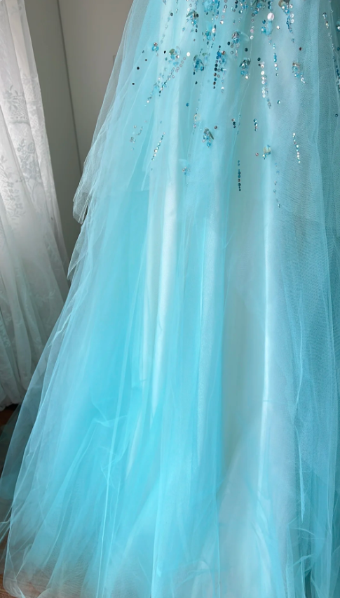 Dreamy Princess Blue A-Line Round Neck Sequined Tulle Long Prom Dresses Evening Dresses