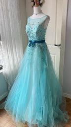 Dreamy Princess Blue A-Line Round Neck Sequined Tulle Long Prom Dresses Evening Dresses