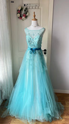 Dreamy Princess Blue A-Line Round Neck Sequined Tulle Long Prom Dresses Evening Dresses