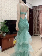 Dreamy Princess Mint Green Mermaid Spaghetti Strap Backless Sequined Long Prom Dresses Evening Dresses