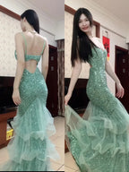 Dreamy Princess Mint Green Mermaid Spaghetti Strap Backless Sequined Long Prom Dresses Evening Dresses