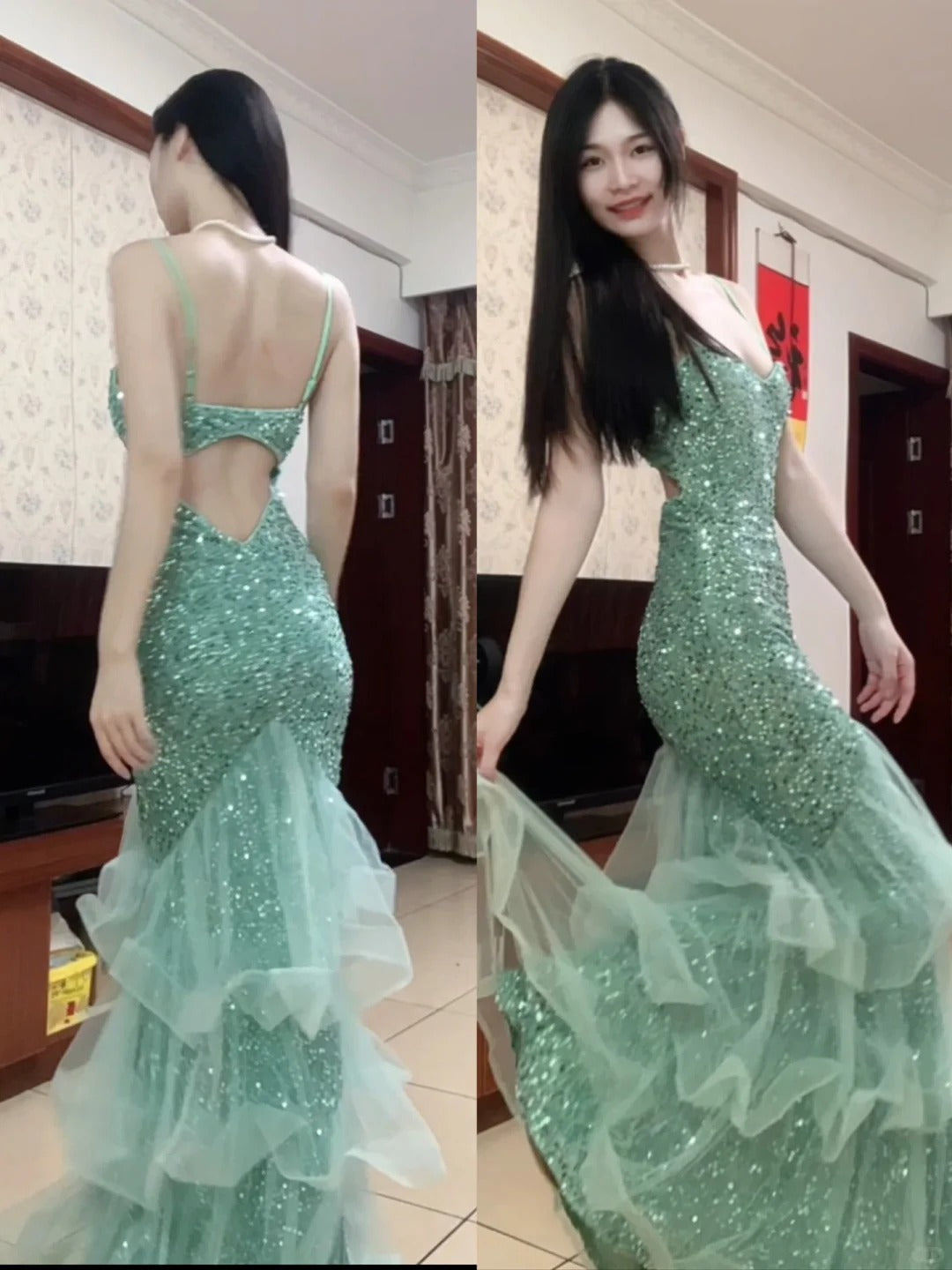 Dreamy Princess Mint Green Mermaid Spaghetti Strap Backless Sequined Long Prom Dresses Evening Dresses