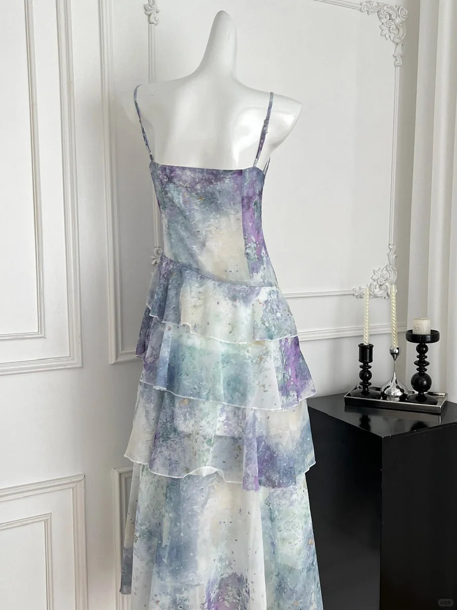 Dreamy Purple And Blue Gradient A-Line Spaghetti Strap Cake Chiffon Long Prom Dresses Evening Dresses