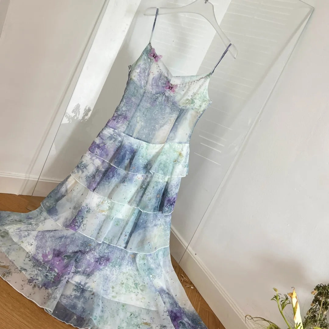 Dreamy Purple And Blue Gradient A-Line Spaghetti Strap Cake Chiffon Long Prom Dresses Evening Dresses