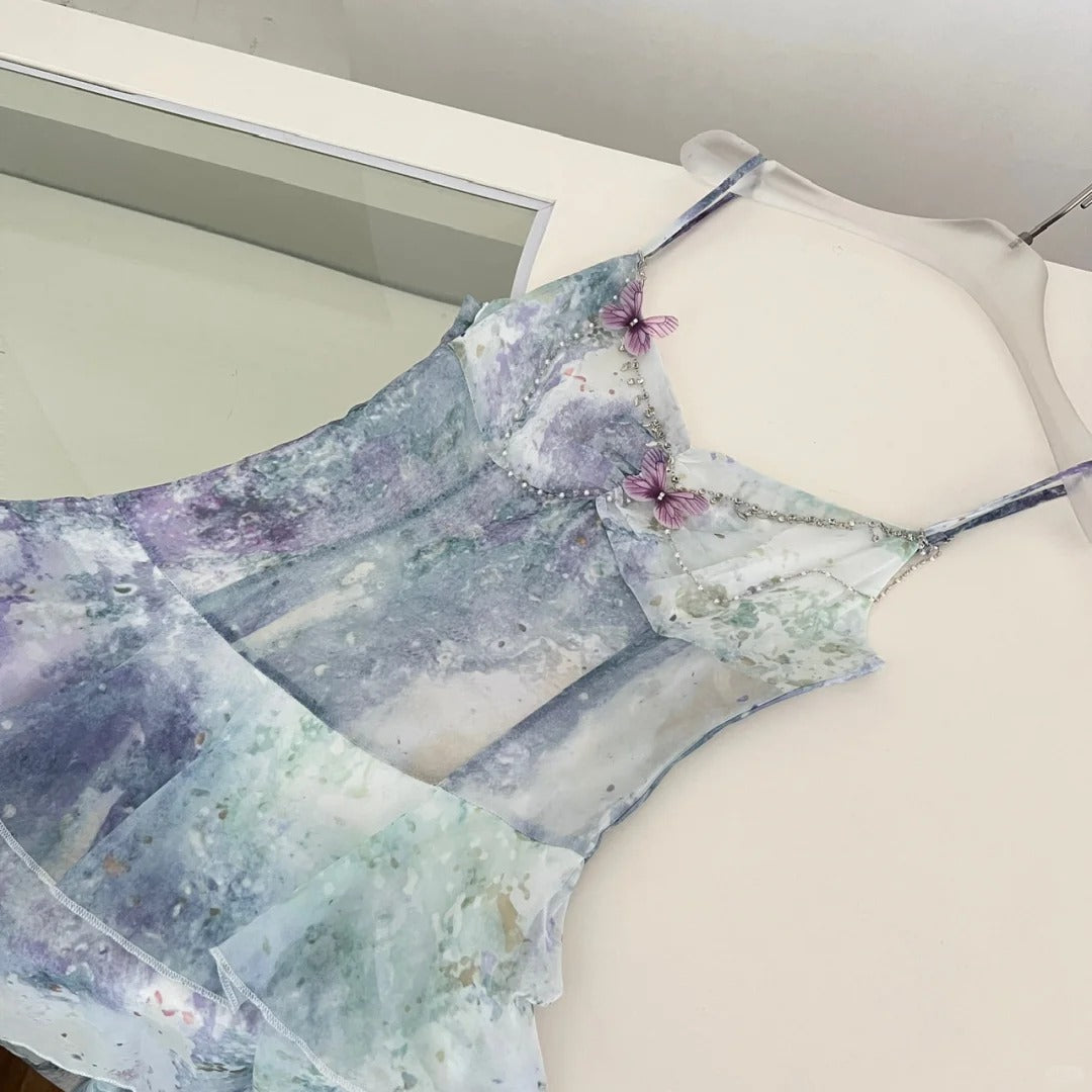 Dreamy Purple And Blue Gradient A-Line Spaghetti Strap Cake Chiffon Long Prom Dresses Evening Dresses