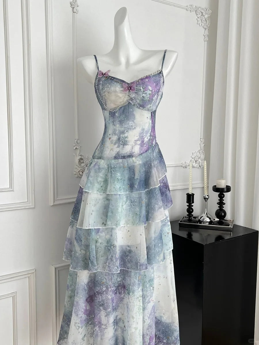 Dreamy Purple And Blue Gradient A-Line Spaghetti Strap Cake Chiffon Long Prom Dresses Evening Dresses Main image