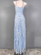Dreamy Sky Blue A-Line Spaghetti Strap Deep V 3D Floral Tulle Long Prom Dresses Evening Dresses