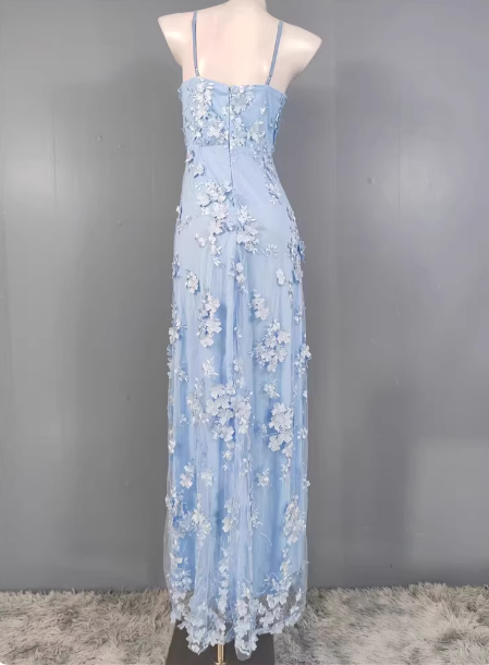 Dreamy Sky Blue A-Line Spaghetti Strap Deep V 3D Floral Tulle Long Prom Dresses Evening Dresses