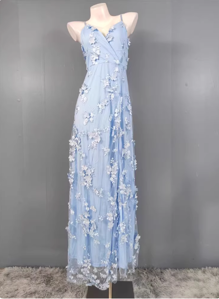 Dreamy Sky Blue A-Line Spaghetti Strap Deep V 3D Floral Tulle Long Prom Dresses Evening Dresses Main image