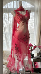 Dreamy Smudged Flower Beaded Chiffon Irregular Skirt Prom Dress