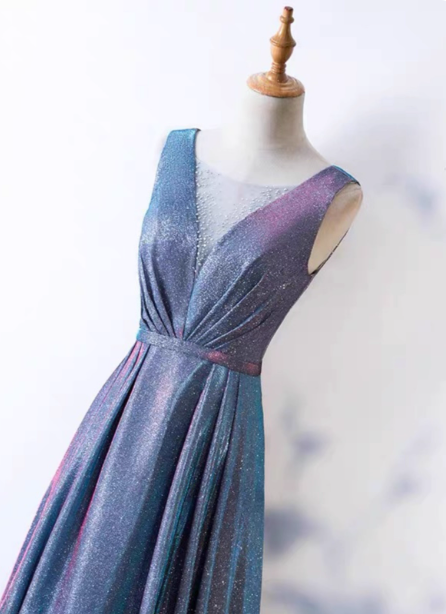 Dreamy Starry Sky Gradient Purple-Blue V-Neck Satin Long Prom Dresses Evening Dresses