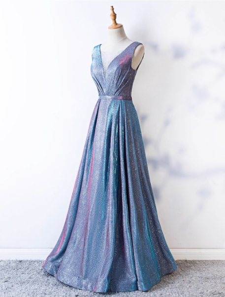 Dreamy Starry Sky Gradient Purple-Blue V-Neck Satin Long Prom Dresses Evening Dresses